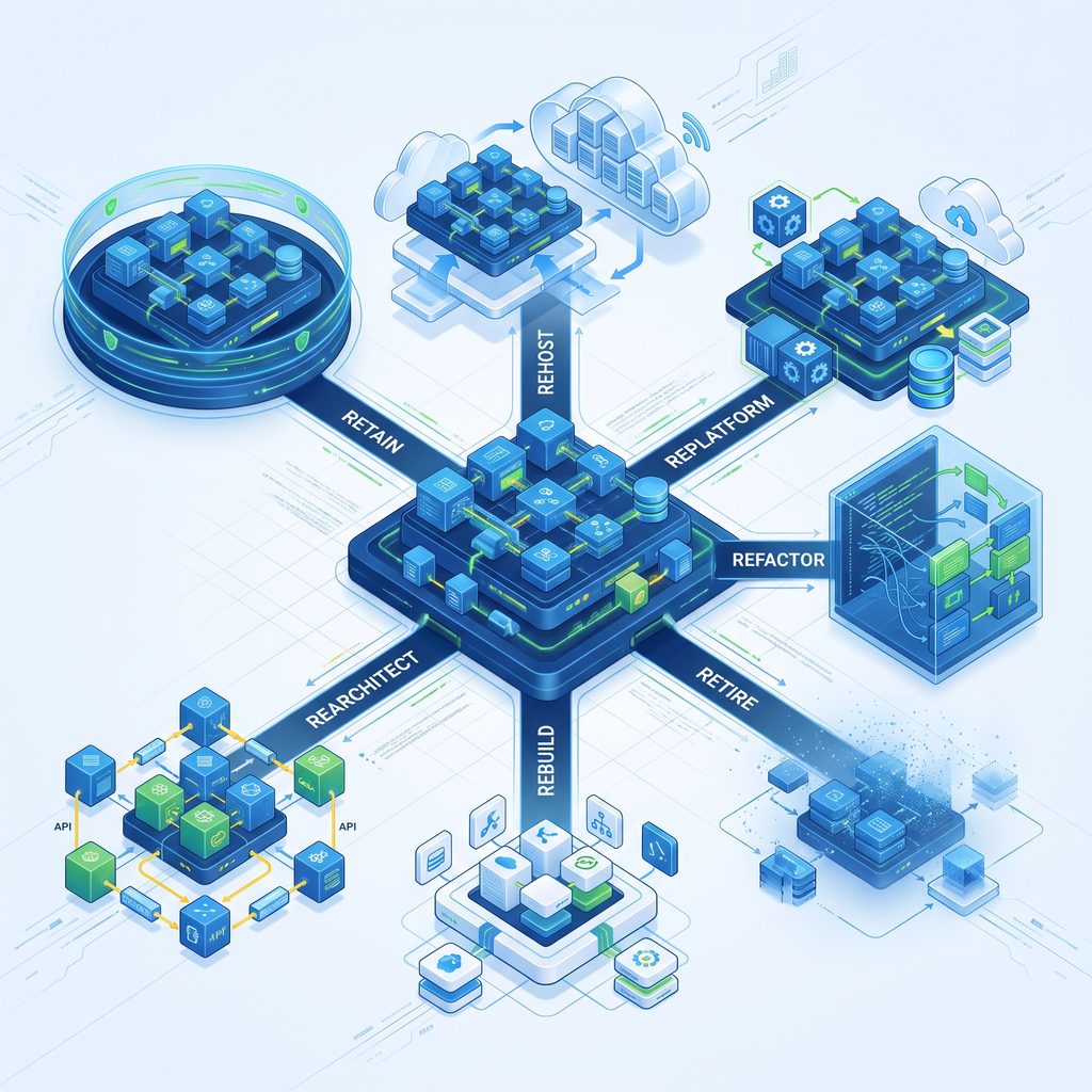 Tujuh opsi modernisasi aplikasi: retain, rehost, replatform, refactor, rearchitect, rebuild, retire